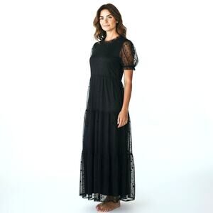 LISTICLE Black Polka Dot Tulle Lace Tiered Maxi Dress M Whimsigoth DarkRomantic